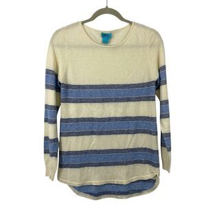 Two Bees Cashmere Sweater Women Size Small Ivory Blue Striped Roundneck Pullover